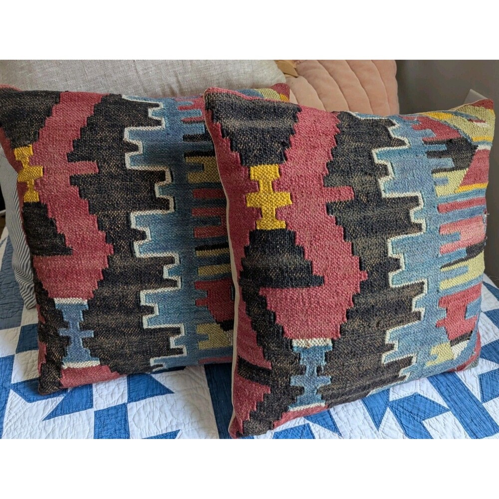 Vintage Pair Pottery Barn Kilim Pillows 18x18" Wool Cotton 2013 Tribal Bohemian - Picture 12 of 12